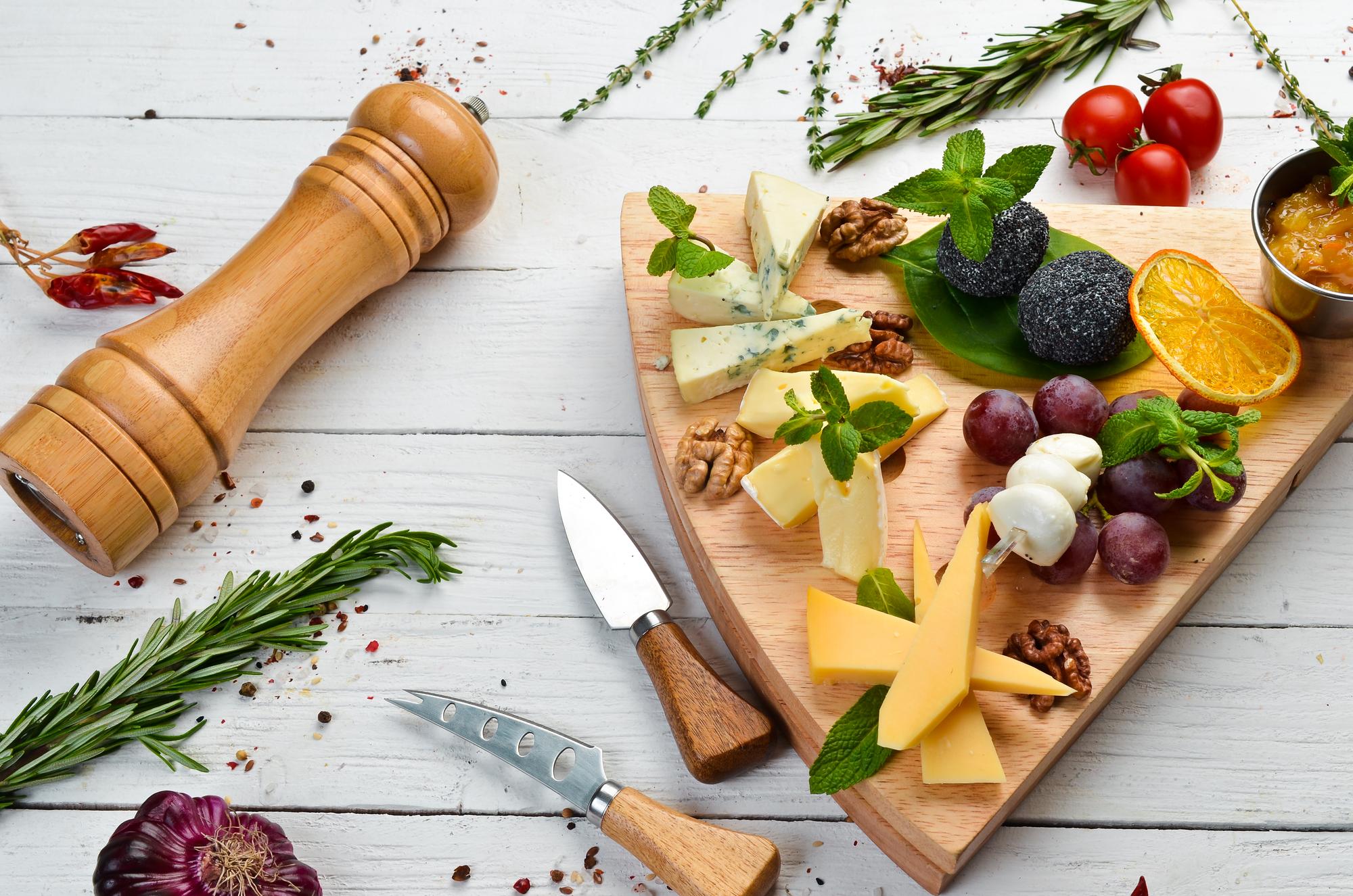 Close-up charcuterie board with herbs
